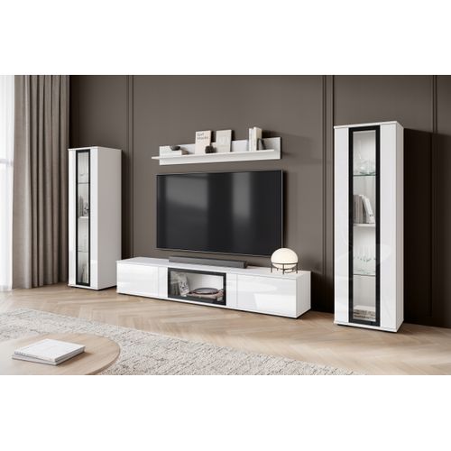 Mur TV 180 Cm 2 Vitrines Blanc Mat / Blanc Brillant