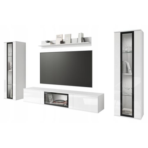 Mur TV 180 Cm 2 Vitrines Blanc Mat / Blanc Brillant