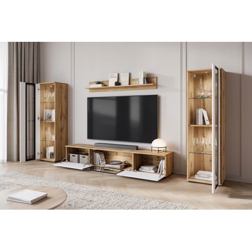 Mur TV 180 Cm 2 Vitrines Chêne Wotan Mat / Blanc Brillant