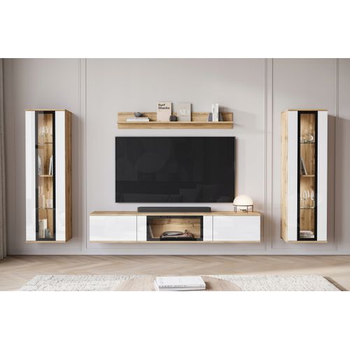 Mur TV 180 Cm 2 Vitrines Chêne Wotan Mat / Blanc Brillant