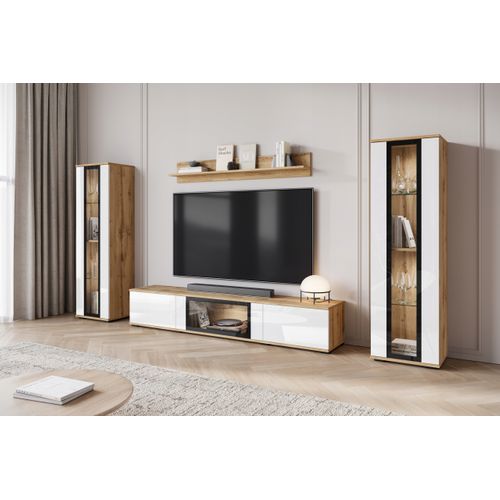 Mur TV 180 Cm 2 Vitrines Chêne Wotan Mat / Blanc Brillant