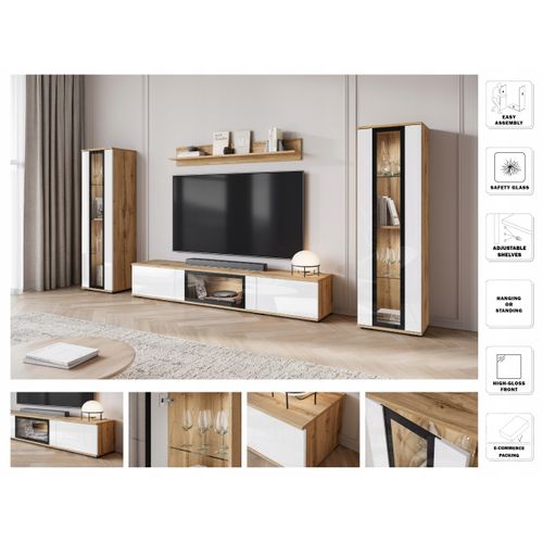 Mur TV 180 Cm 2 Vitrines Chêne Wotan Mat / Blanc Brillant