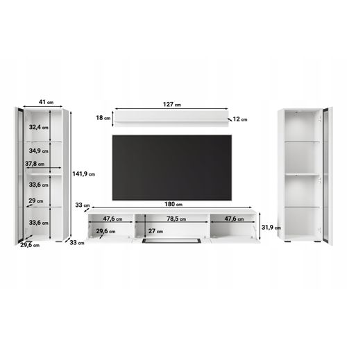 Mur TV 180 Cm 2 Vitrines Chêne Wotan Mat / Blanc Brillant