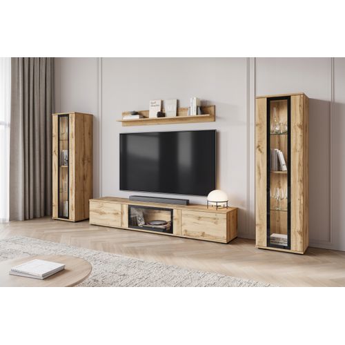 Mur TV 180 Cm 2 Vitrines Chêne Wotan Mat