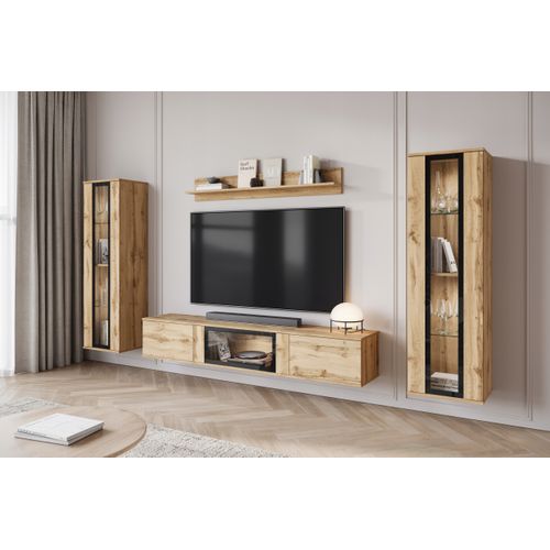 Mur TV 180 Cm 2 Vitrines Chêne Wotan Mat