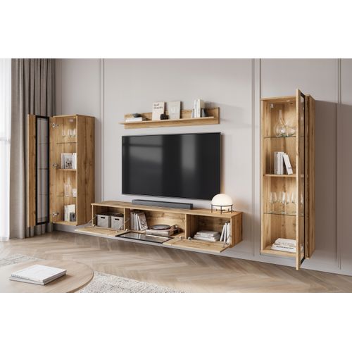 Mur TV 180 Cm 2 Vitrines Chêne Wotan Mat