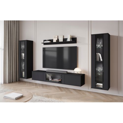 Mur TV 180 Cm 2 Vitrines Noir Mat