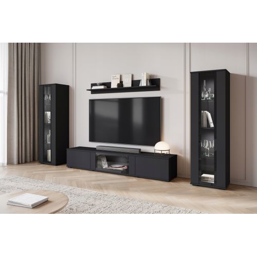 Mur TV 180 Cm 2 Vitrines Noir Mat