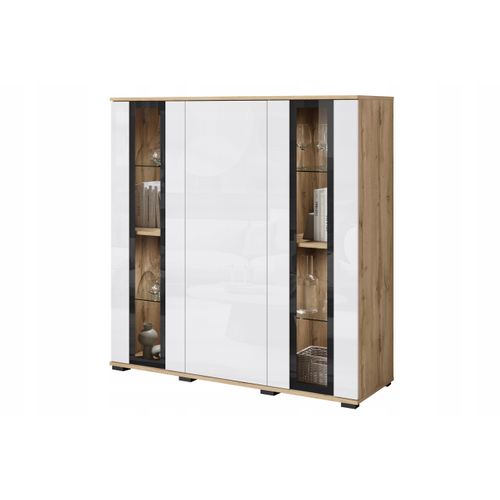 Highboard 120 Cm Vitrine Chêne Wotan Mat / Blanc Brillant