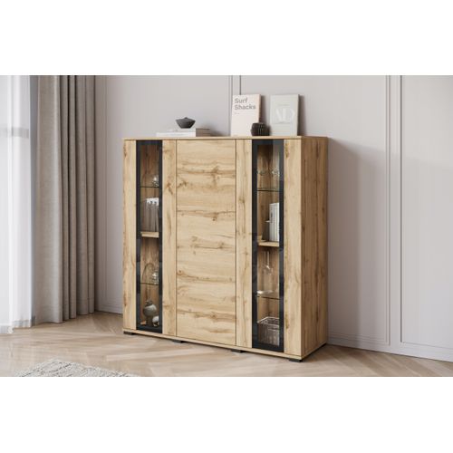Highboard 120 Cm Vitrine Chêne Wotan Mat