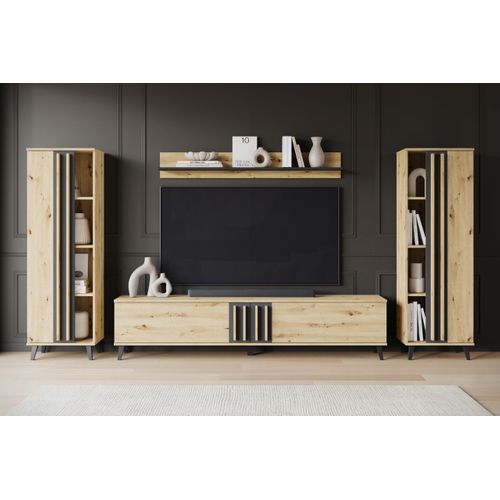 Mur TV 180 Cm Sur Pieds Étagères + Tablette Chêne Artisan / Noir Mat