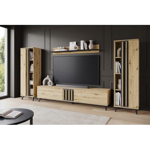 Mur TV 180 Cm Sur Pieds Étagères + Tablette Chêne Artisan / Noir Mat