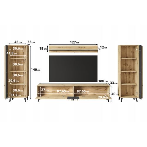 Mur TV 180 Cm Sur Pieds Étagères + Tablette Chêne Artisan / Noir Mat