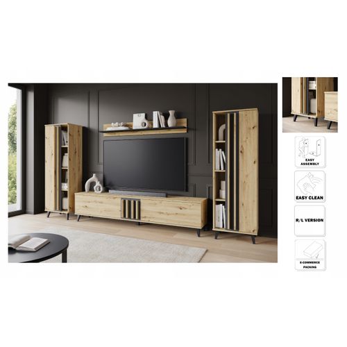 Mur TV 180 Cm Sur Pieds Étagères + Tablette Chêne Artisan / Noir Mat