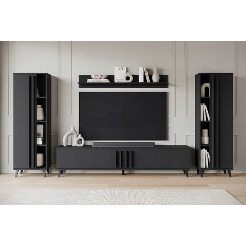 Mur TV 180 Cm Sur Pieds Étagères + Tablette Noir Mat