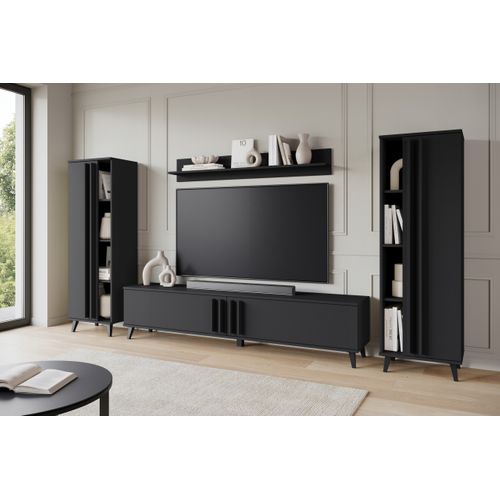 Mur TV 180 Cm Sur Pieds Étagères + Tablette Noir Mat