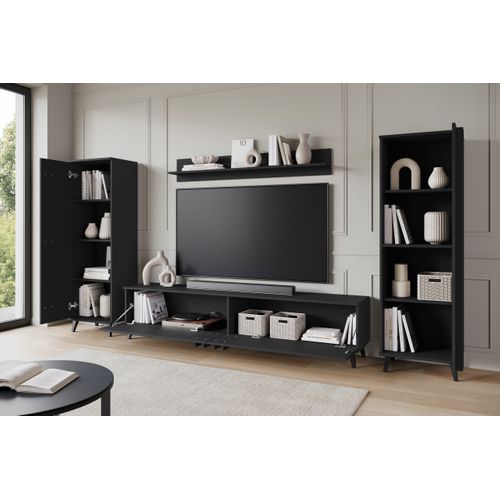 Mur TV 180 Cm Sur Pieds Étagères + Tablette Noir Mat