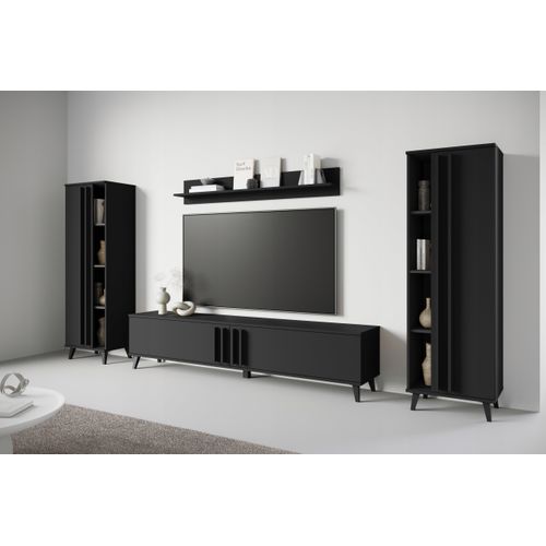 Mur TV 180 Cm Sur Pieds Étagères + Tablette Noir Mat