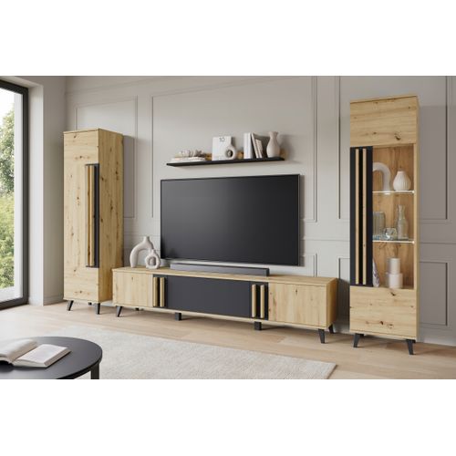 Mur TV 180 Cm Sur Pieds Vitrine + Étagère Chêne Artisan / Noir Mat