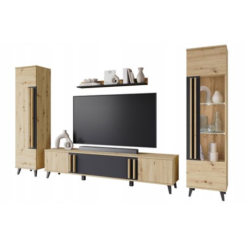 Mur TV 180 Cm Sur Pieds Vitrine + Étagère Chêne Artisan / Noir Mat