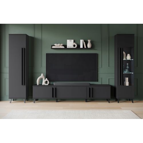 Mur TV 180 Cm Sur Pieds Vitrine + Étagère Noir Mat