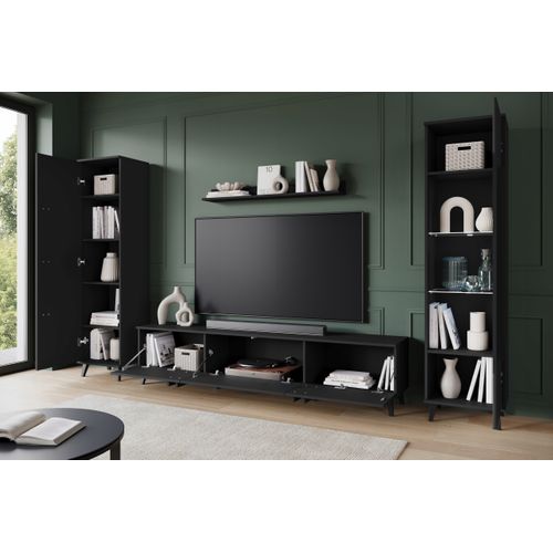 Mur TV 180 Cm Sur Pieds Vitrine + Étagère Noir Mat
