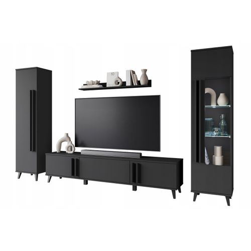 Mur TV 180 Cm Sur Pieds Vitrine + Étagère Noir Mat