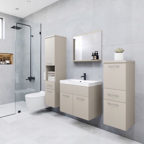 Meubles Salle De Bain Suspendus Lavabo Miroir Colonnes Beige Cachemire Mat