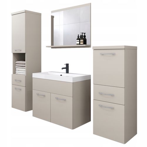 Meubles Salle De Bain Suspendus Lavabo Miroir Colonnes Beige Cachemire Mat