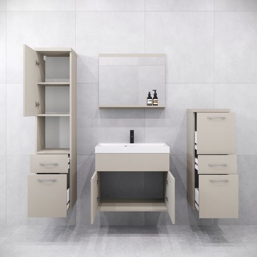 Meubles Salle De Bain Suspendus Lavabo Miroir Colonnes Beige Cachemire Mat