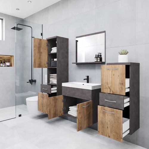 Meubles Salle De Bain Suspendus Lavabo Miroir Colonnes Matera / Châtaignier Mat