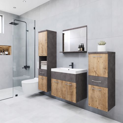 Meubles Salle De Bain Suspendus Lavabo Miroir Colonnes Matera / Châtaignier Mat