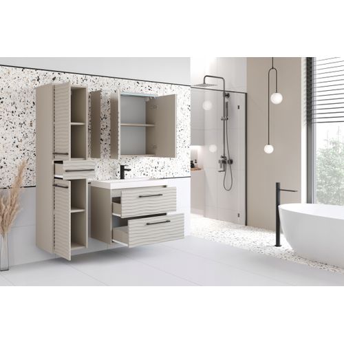 Salle De Bain Suspendue Lavabo Miroir Colonne Mdf Beige Cachemire Mat