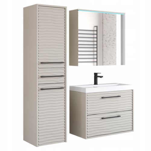 Salle De Bain Suspendue Lavabo Miroir Colonne Mdf Beige Cachemire Mat