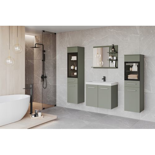 Salle De Bain Suspendue Lavabo 2 Colonnes + Miroir Étagères Vert Brumeux Mat