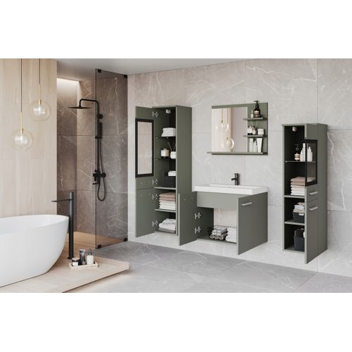 Salle De Bain Suspendue Lavabo 2 Colonnes + Miroir Étagères Vert Brumeux Mat
