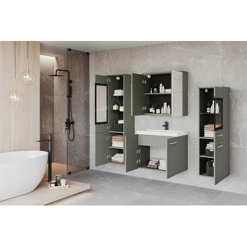 Salle De Bain Suspendue Lavabo 2 Colonnes + Armoire Miroir Vert Brumeux Mat