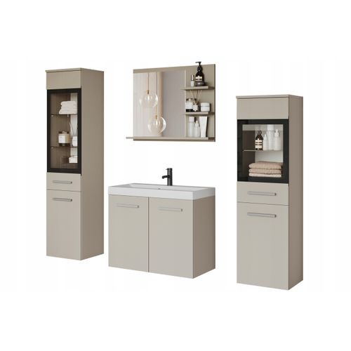 Salle De Bain Suspendue Lavabo 2 Colonnes + Miroir Étagères Beige Cachemire Mat