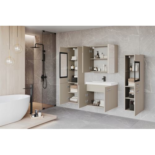 Salle De Bain Suspendue Lavabo 2 Colonnes + Armoire Miroir Beige Cachemire Mat