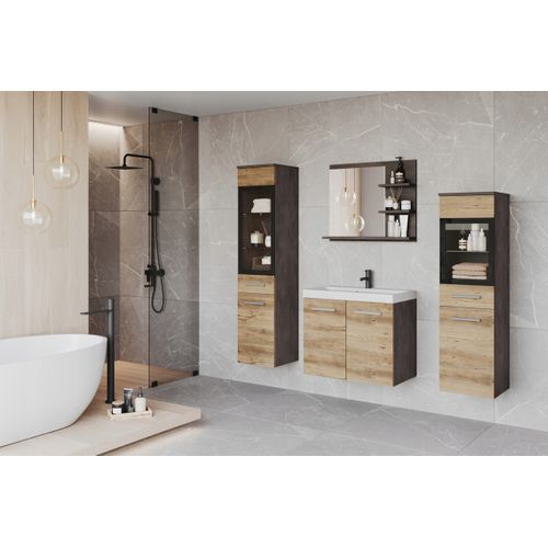 Salle De Bain Suspendue Lavabo 2 Colonnes + Miroir Étagères Matera / Châtaignier Breslau Mat