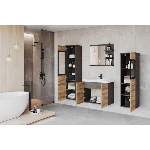 Salle De Bain Suspendue Lavabo 2 Colonnes + Miroir Étagères Matera / Châtaignier Breslau Mat