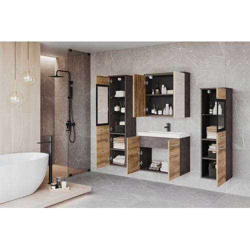 Salle De Bain Suspendue Lavabo 2 Colonnes + Armoire Miroir Matera / Châtaignier Mat