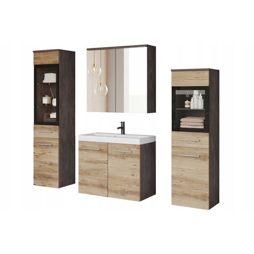 Salle De Bain Suspendue Lavabo 2 Colonnes + Armoire Miroir Matera / Châtaignier Mat