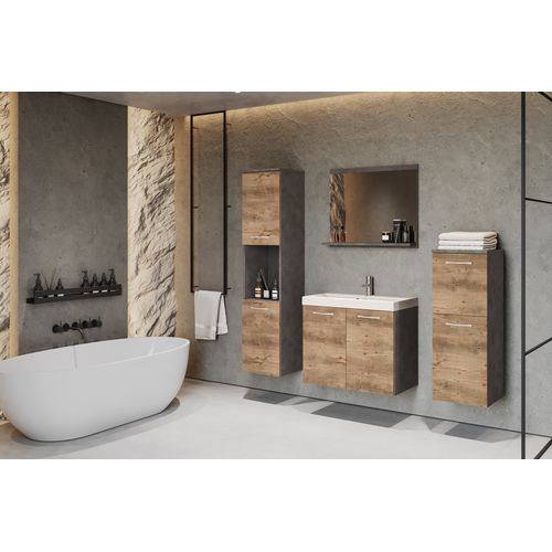 Salle De Bain Suspendue Lavabo Miroir + 2 Colonnes Matera / Châtaignier Mat