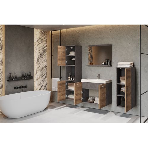 Salle De Bain Suspendue Lavabo Miroir + 2 Colonnes Matera / Châtaignier Mat