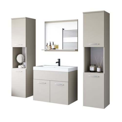 Salle De Bain Suspendue Lavabo Miroir + 2 Colonnes Beige Cachemire Mat