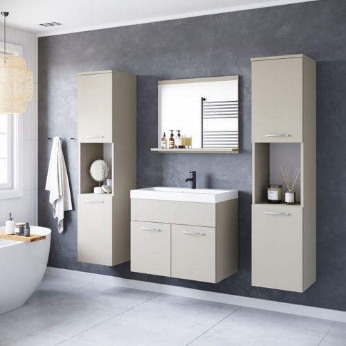 Salle De Bain Suspendue Lavabo Miroir + 2 Colonnes Beige Cachemire Mat