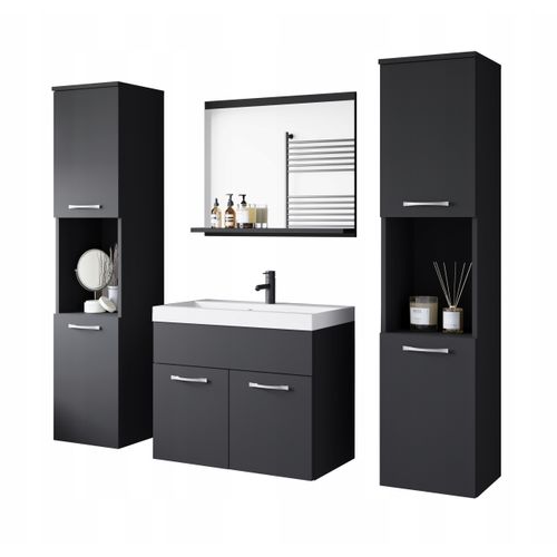 Salle De Bain Suspendue Lavabo Miroir + 2 Colonnes Noir Mat