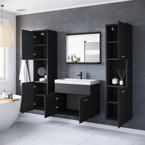 Salle De Bain Suspendue Lavabo Miroir + 2 Colonnes Noir Mat