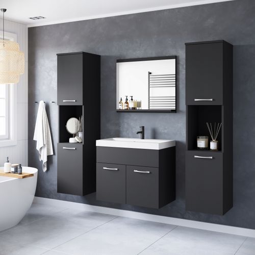 Salle De Bain Suspendue Lavabo Miroir + 2 Colonnes Noir Mat